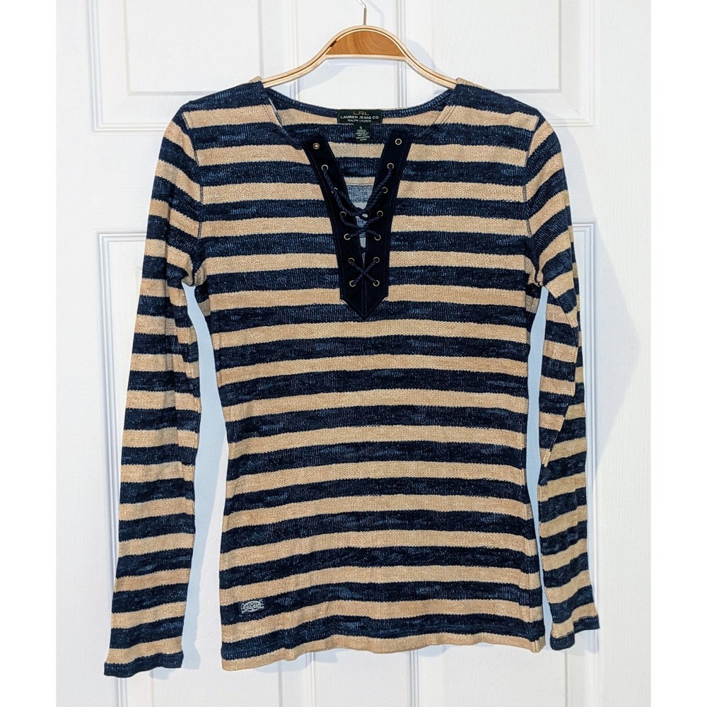 Lauren Jeans Co. Blue Striped Lace-Up Long‎ Sleeve Top Casual Shirt Size Small